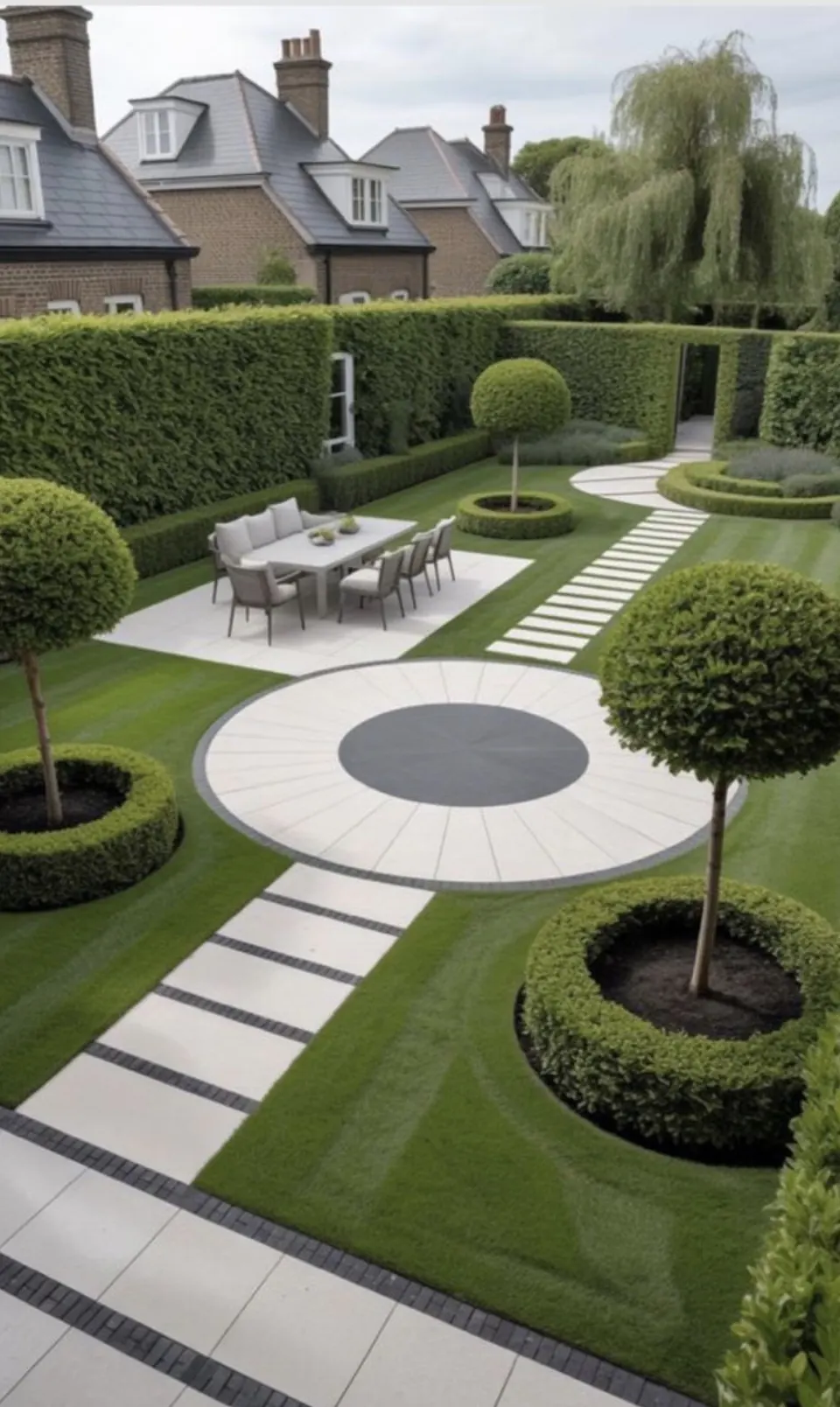 Formal garden with clipped hedges, standard trees and a paved circle