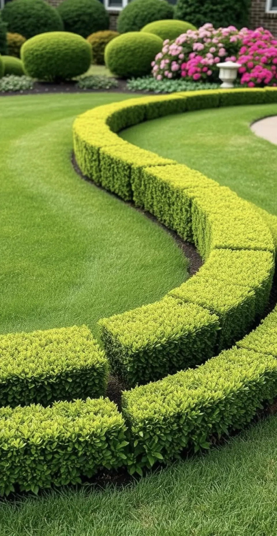 Curved box hedge along a lawn