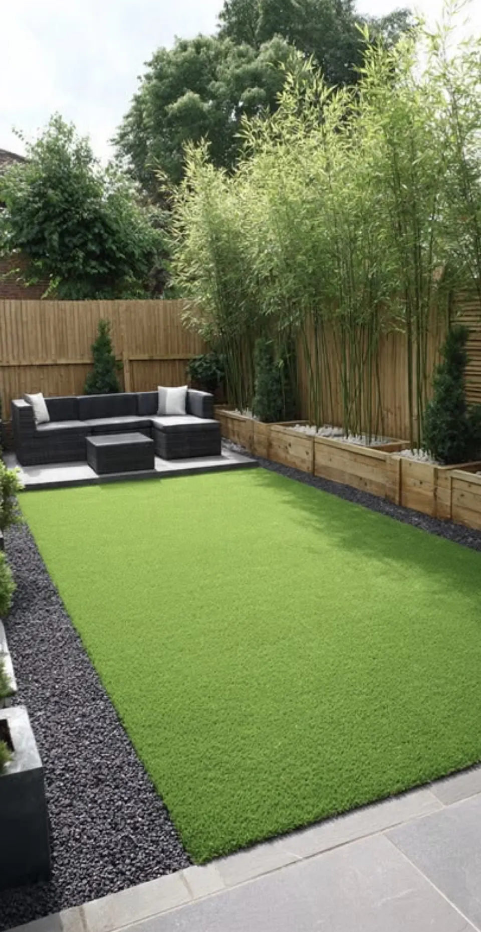 Small garden lawn with a lounge corner and a black gravel border