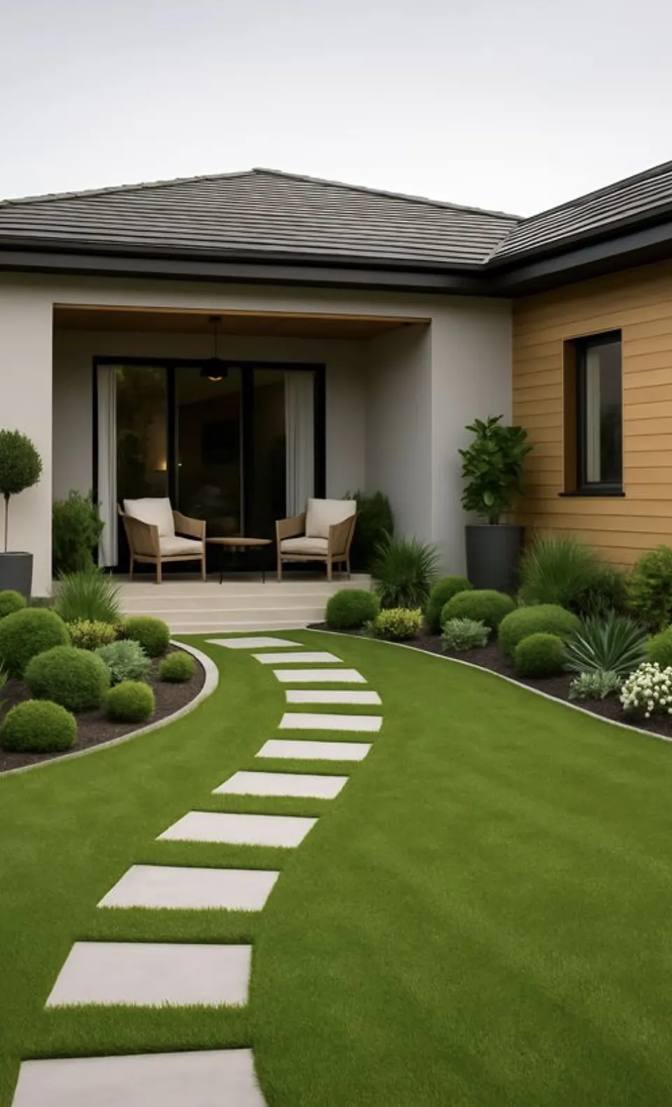 Curved stepping-stone path to the house